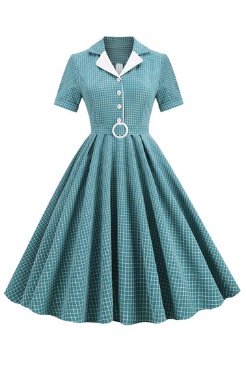 Vintage V Neck Blue Plaid 1950s Dress